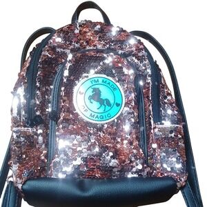Justice Mini Backpack Kids OS Rose Gold Sequin Unicorn Made of Magic Sparkle